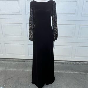 Women's Alex Evenings  Cocktail Dress Black Velvet Sequin Sleeve Sheath Size 6